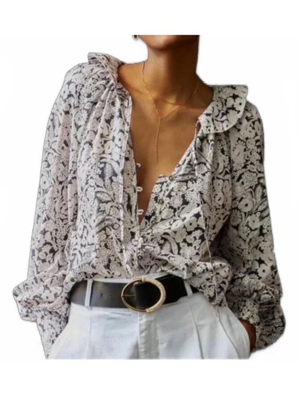 Anthropologie Large Floral Cotton Blouse Ruffle Collar Balloon Sleeve
